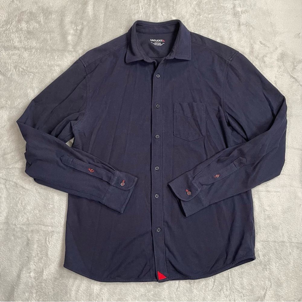 UNTUCKit Shirt Medium Men’s Mercurey Knit Pique Long Sleeve Button Up Navy Blue